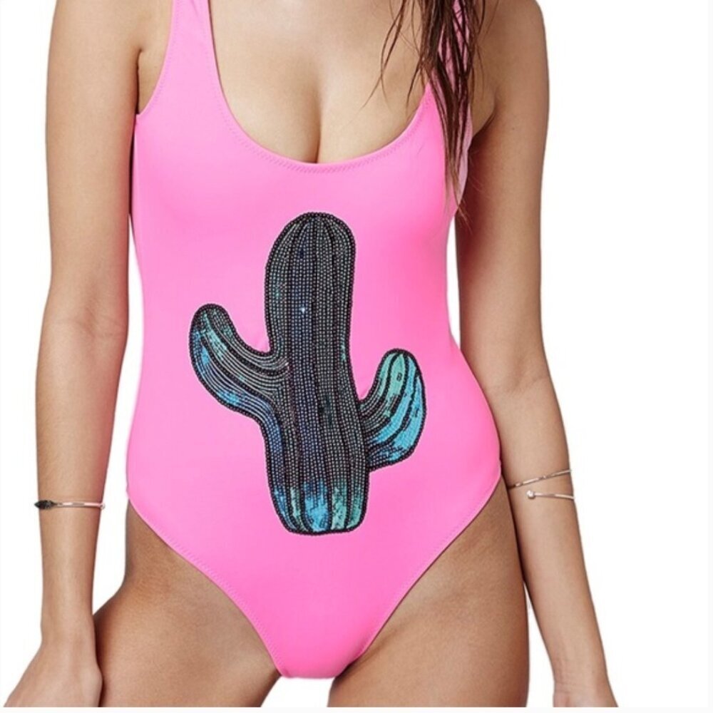 Topshop Pink Sequin Cactus One Piece Swimsuit